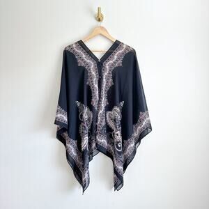 J. Jill Two-Way Button Front Lightweight Patterned Poncho Sweater Black OS